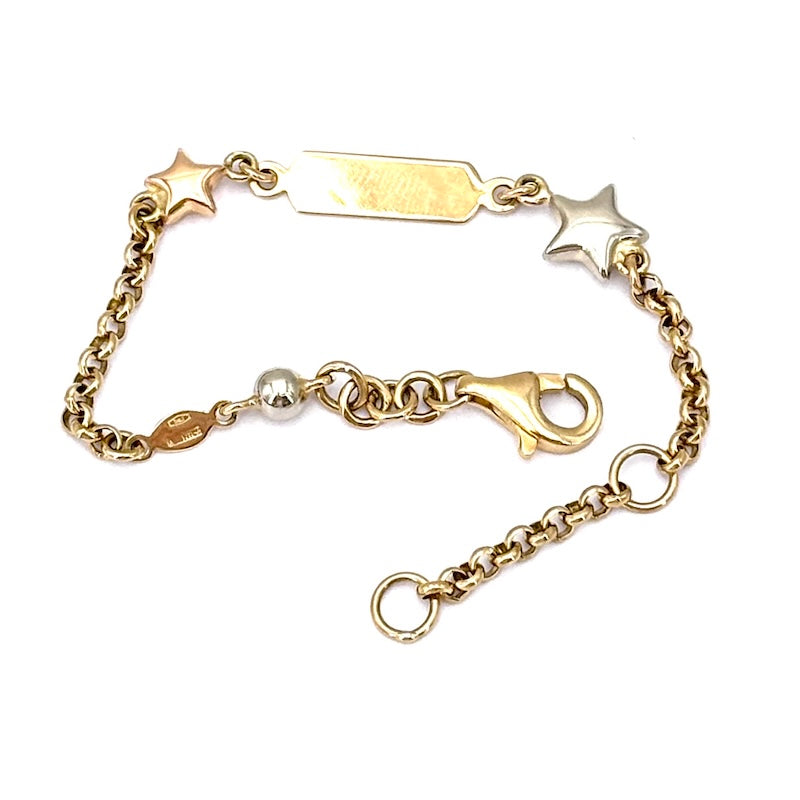 Bracciale bimbo/a oro fibbia per incisione, catena maglia rollò, stelle, 12.5-15 cm - 4.88 gr