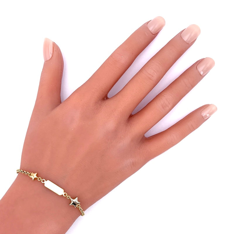 Bracciale bimbo/a oro fibbia per incisione, catena maglia rollò, stelle, 12.5-15 cm - 4.88 gr
