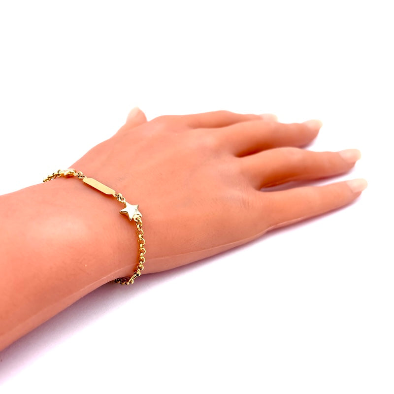 Bracciale bimbo/a oro fibbia per incisione, catena maglia rollò, stelle, 12.5-15 cm - 4.88 gr