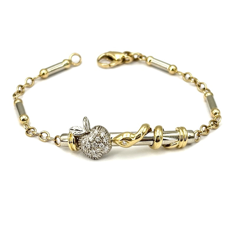 Bracciale catena, oro bicolore, serpente e mela di brillanti -  9.3 gr, 16 cm