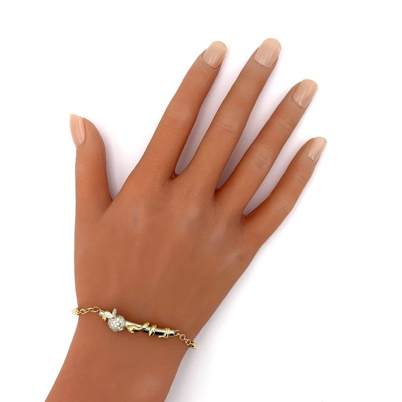 Bracciale catena, oro bicolore, serpente e mela di brillanti -  9.3 gr, 16 cm