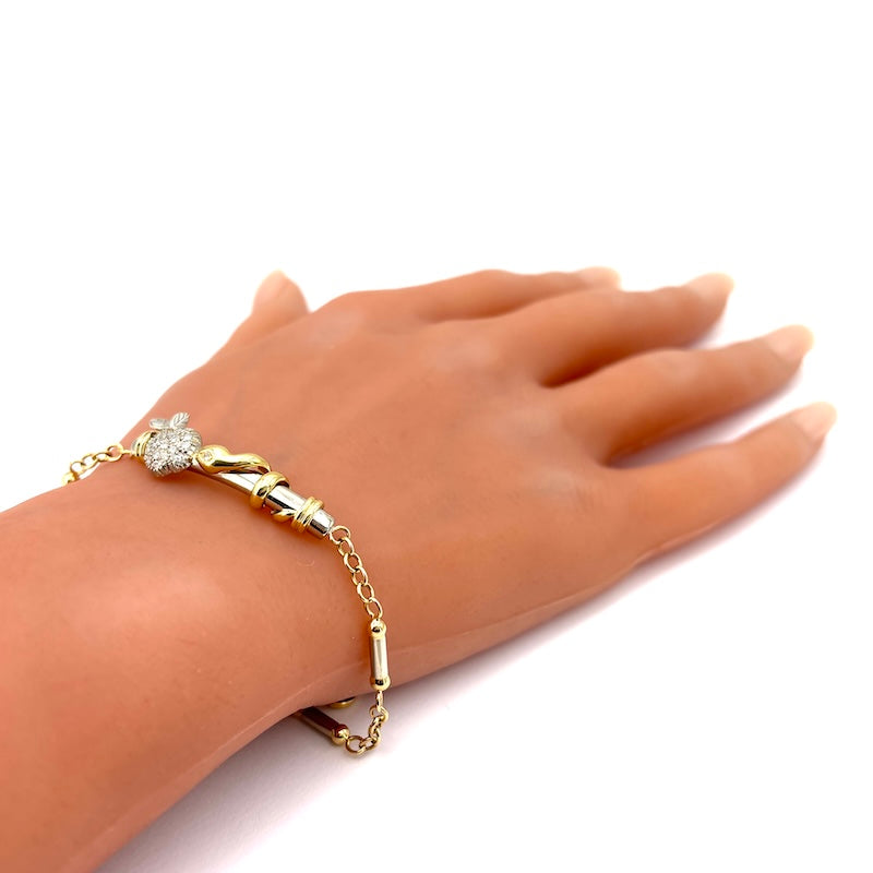 Bracciale catena, oro bicolore, serpente e mela di brillanti -  9.3 gr, 16 cm