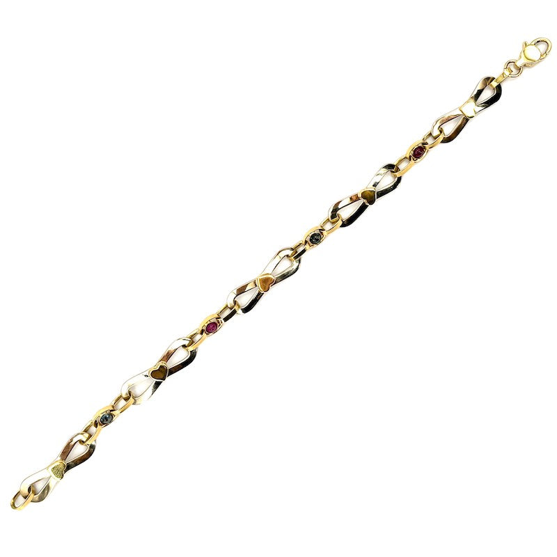 Bracciale catena fiocchi oro bicolore, zaffiri e rubini; 4.12 gr - 19.5 cm