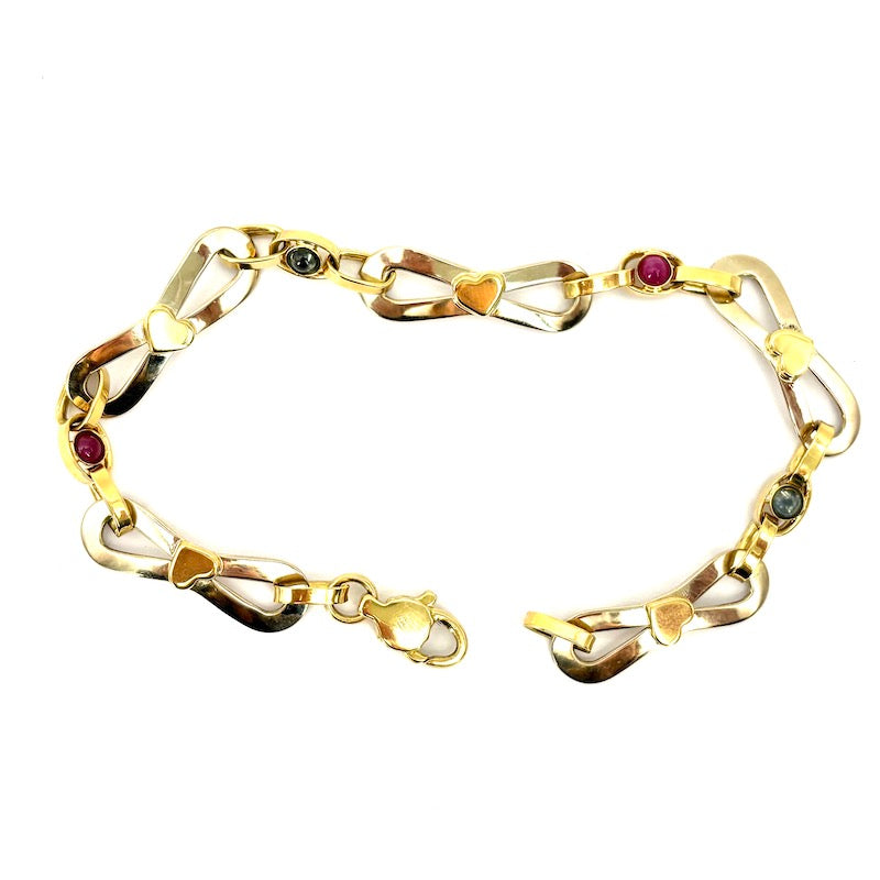 Bracciale catena fiocchi oro bicolore, zaffiri e rubini; 4.12 gr - 19.5 cm