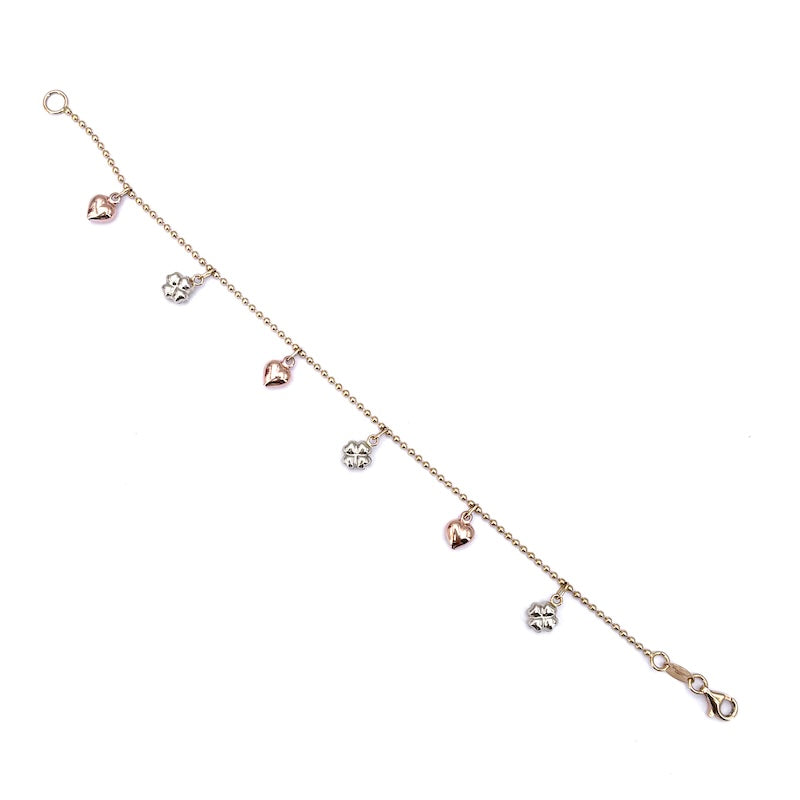 Bracciale charms cuori e quadrufogli, oro tricolore; 4.55 gr - 18 cm