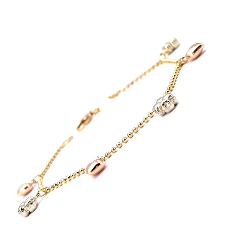 Bracciale charms cuori e quadrufogli, oro tricolore; 4.55 gr - 18 cm