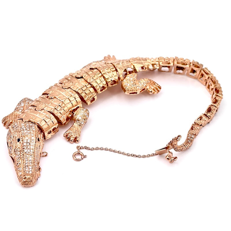 Bracciale coccodrillo artigianale, oro rosa e brillanti; 65.72 gr