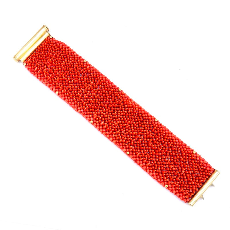 Bracciale corallo e oro, fascia larga tessita artigianalmente; 19.5 cm - 82 gr