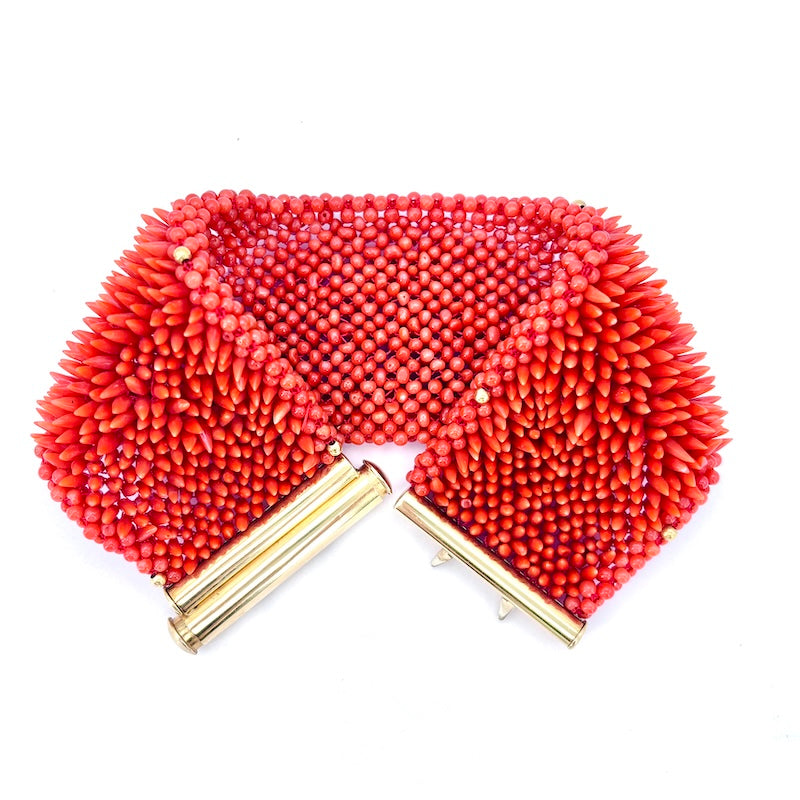 Bracciale corallo e oro, fascia larga tessita artigianalmente; 19.5 cm - 82 gr