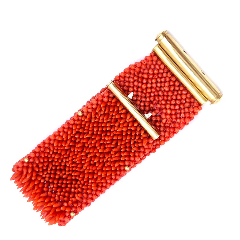 Bracciale corallo e oro, fascia larga tessita artigianalmente; 19.5 cm - 82 gr