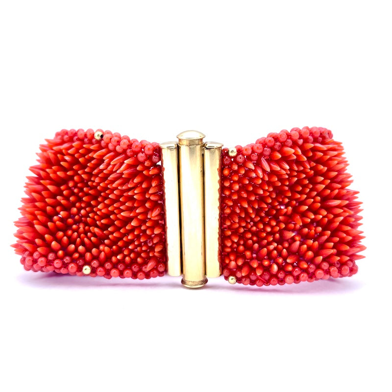 Bracciale corallo e oro, fascia larga tessita artigianalmente; 19.5 cm - 82 gr