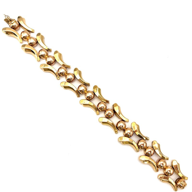 Bracciale d'epoca, motivi retrò in oro giallo e semi boulle in oro rosa; 27.2 gr
