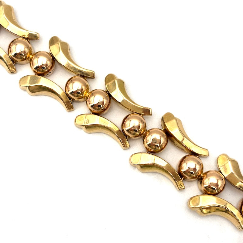 Bracciale d'epoca, motivi retrò in oro giallo e semi boulle in oro rosa; 27.2 gr
