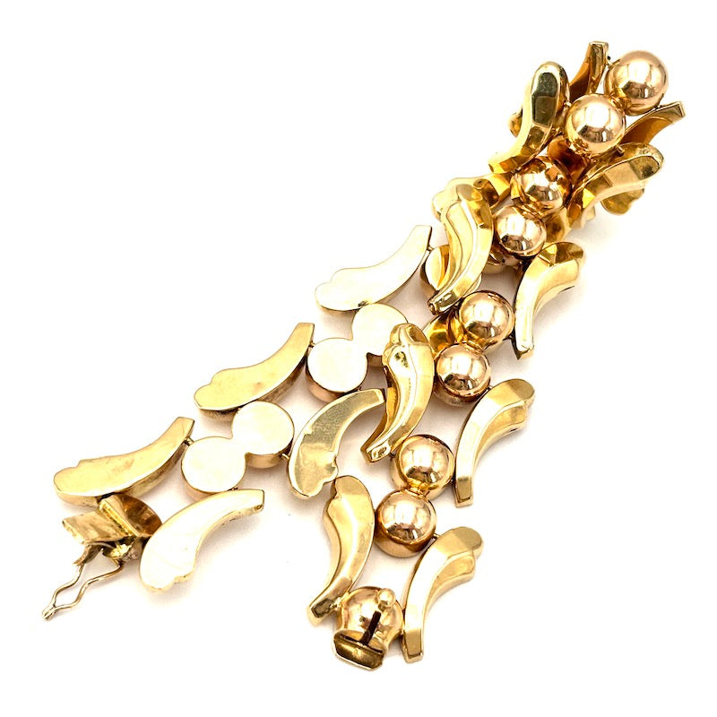 Bracciale d'epoca, motivi retrò in oro giallo e semi boulle in oro rosa; 27.2 gr