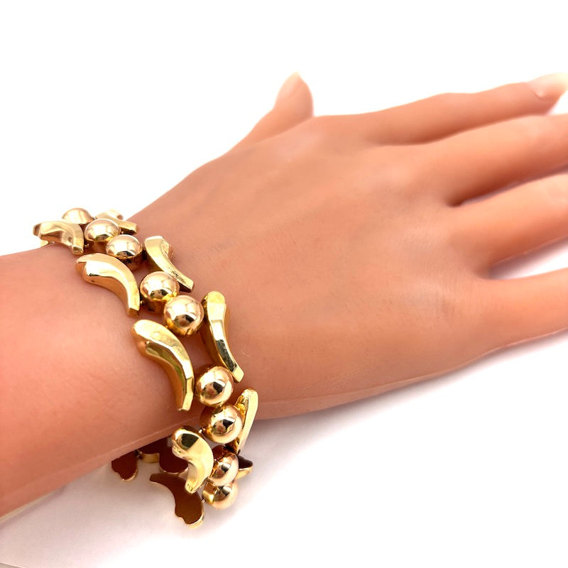 Bracciale d'epoca, motivi retrò in oro giallo e semi boulle in oro rosa; 27.2 gr