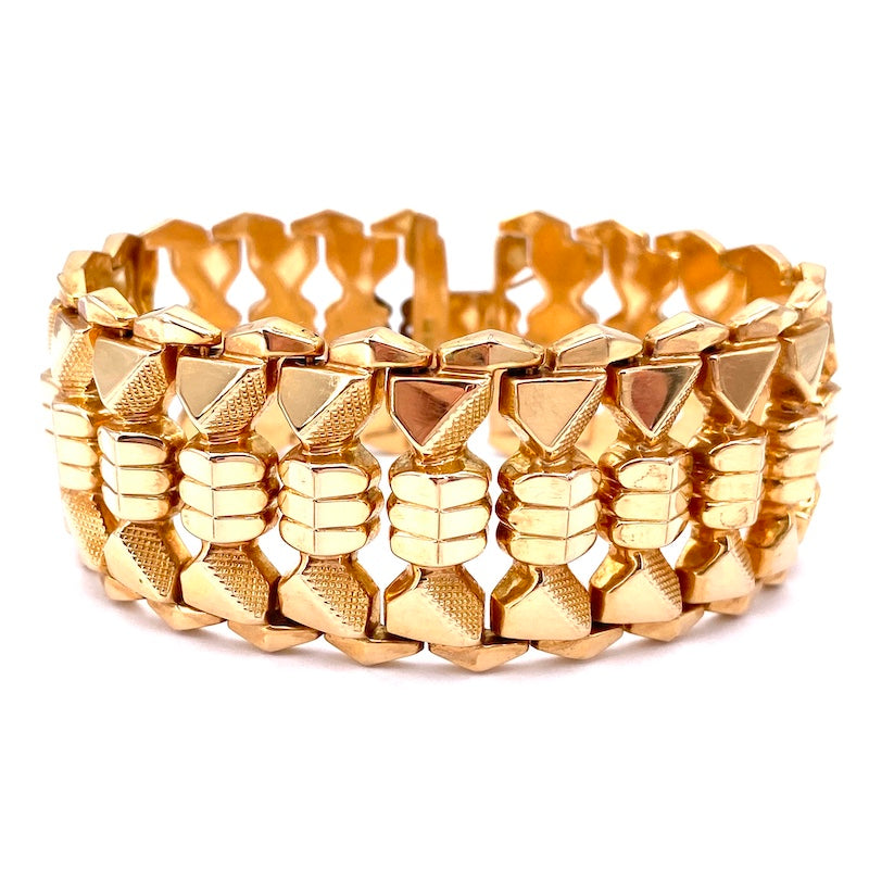 Bracciale d'epoca, polsino tank in oro; 46.1 gr