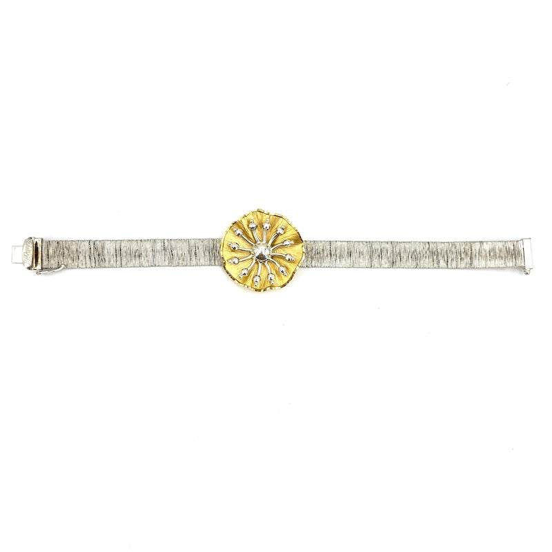 Bracciale design con centrale oro bianco e giallo; 20.5 gr - 17.5 cm