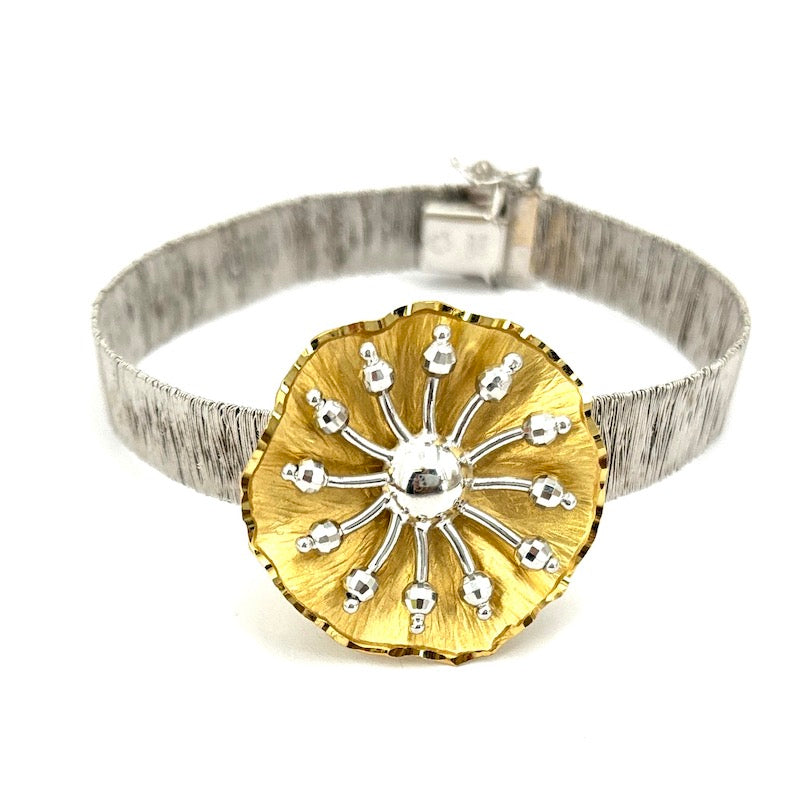 Bracciale design con centrale oro bianco e giallo; 20.5 gr - 17.5 cm