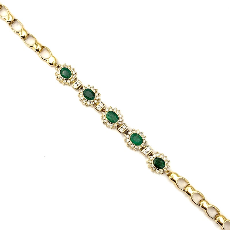 Bracciale margherite smeraldi e brillanti, catena oro giallo; 12.6 gr