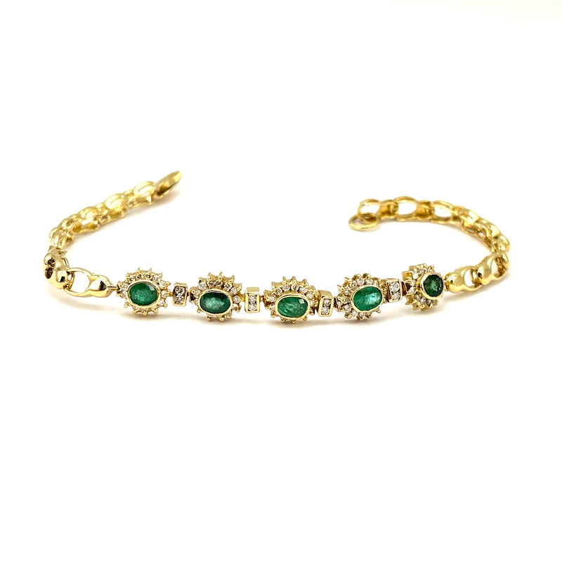 Bracciale margherite smeraldi e brillanti, catena oro giallo; 12.6 gr