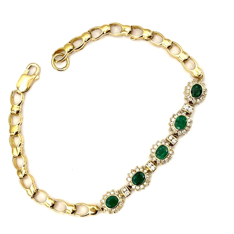 Bracciale margherite smeraldi e brillanti, catena oro giallo; 12.6 gr