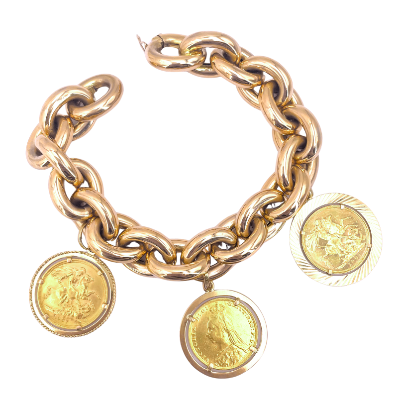 Bracciale maxi catena vintage, charms monete sterline oro; 68.37 gr