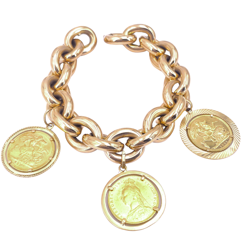 Bracciale maxi catena vintage, charms monete sterline oro; 68.37 gr