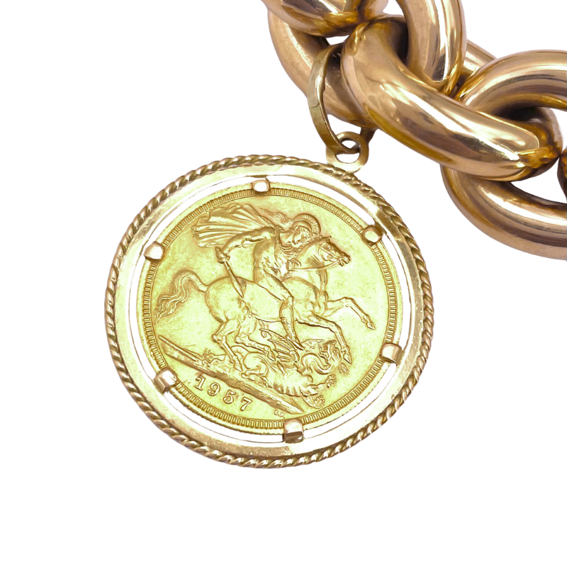 Bracciale maxi catena vintage, charms monete sterline oro; 68.37 gr