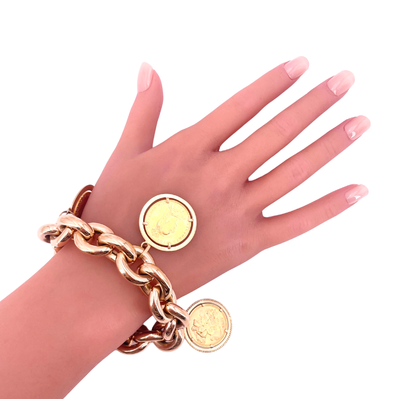 Bracciale maxi catena vintage, charms monete sterline oro; 68.37 gr