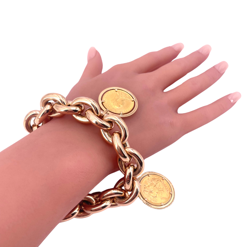 Bracciale maxi catena vintage, charms monete sterline oro; 68.37 gr
