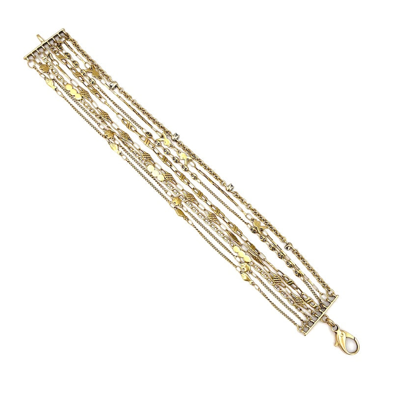 Bracciale mille fili, 8 catene varie, in oro giallo; 18 cm - 21.61 gr