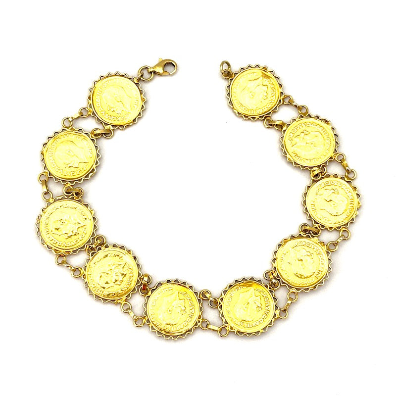 Bracciale monete riprodotte, oro giallo 18 kt; 11.05 gr - 19.5 cm