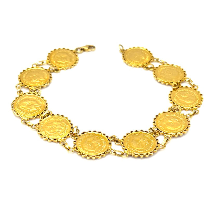 Bracciale monete riprodotte, oro giallo 18 kt; 11.05 gr - 19.5 cm
