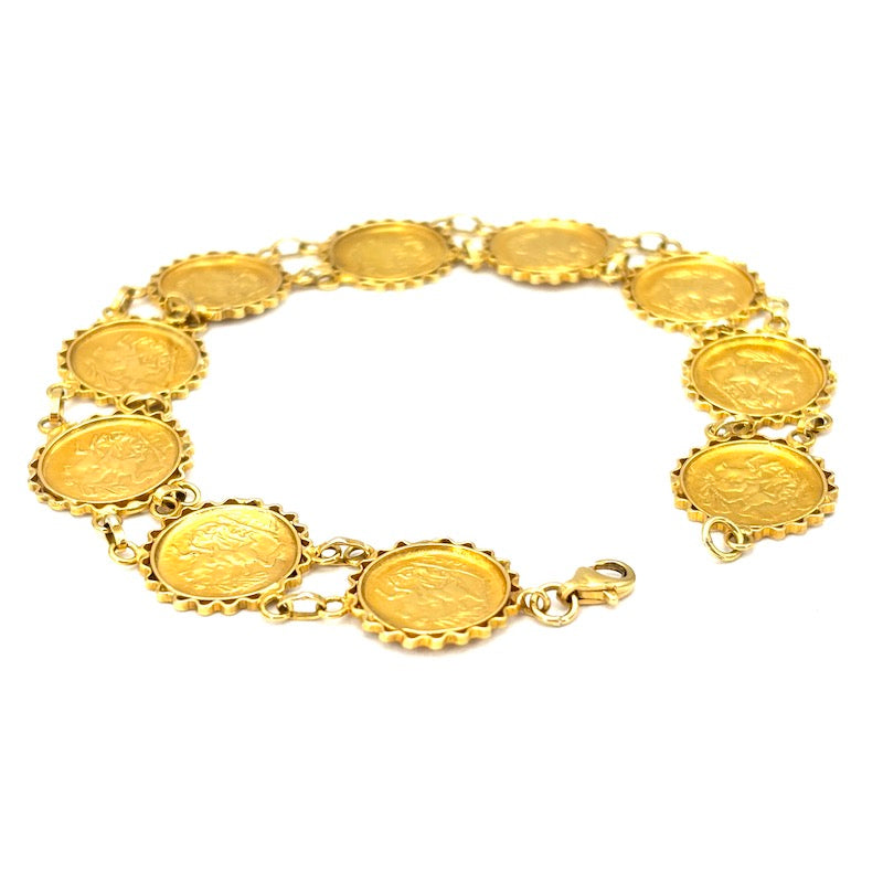 Bracciale monete riprodotte, oro giallo 18 kt; 11.05 gr - 19.5 cm