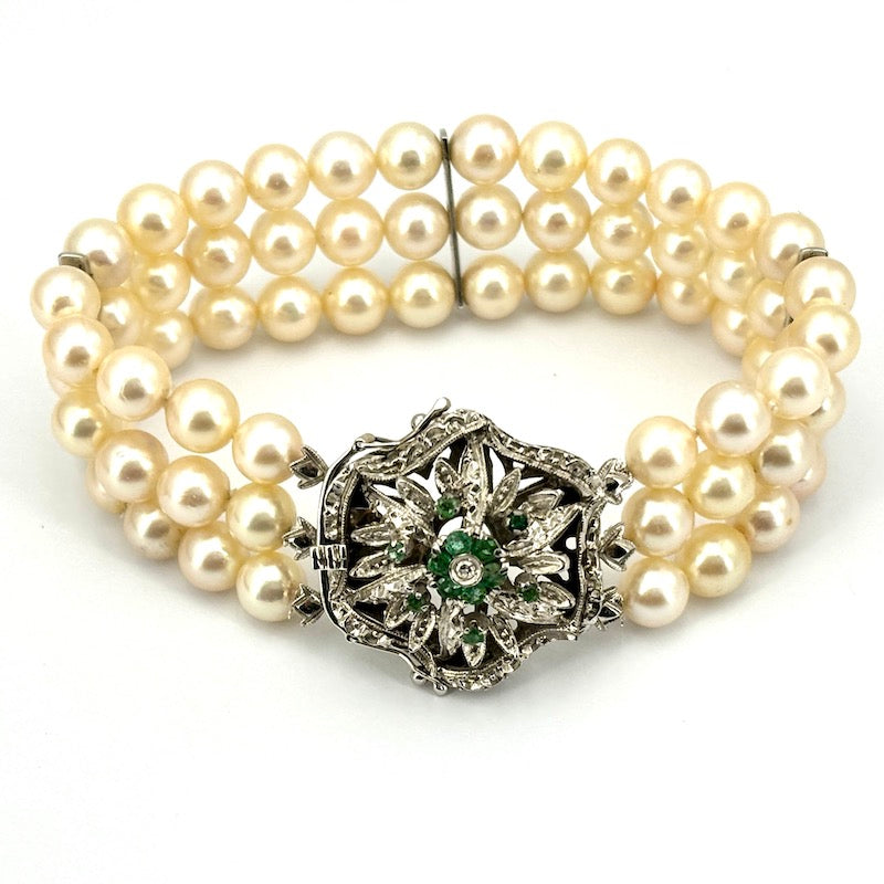 Bracciale perle 3 fili con chiusura fiore vintage smeraldi e oro; 18.5 cm - 41.26 gr