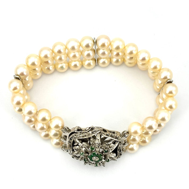 Bracciale perle 3 fili con chiusura fiore vintage smeraldi e oro; 18.5 cm - 41.26 gr