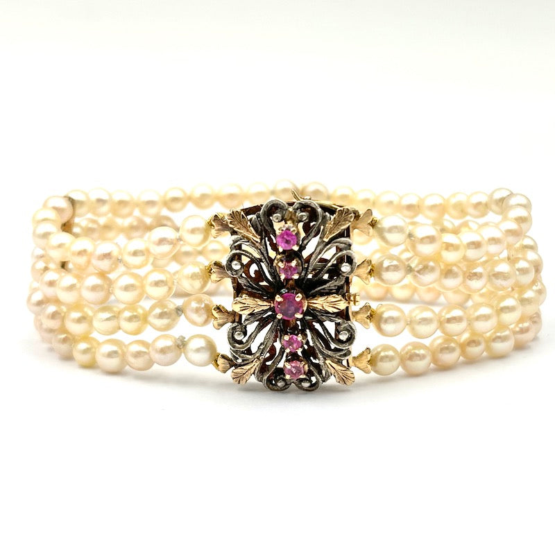 Bracciale perle a 4 fili con chiusura vintage rubini, oro e argento; 19.5 cm - 30.01 gr