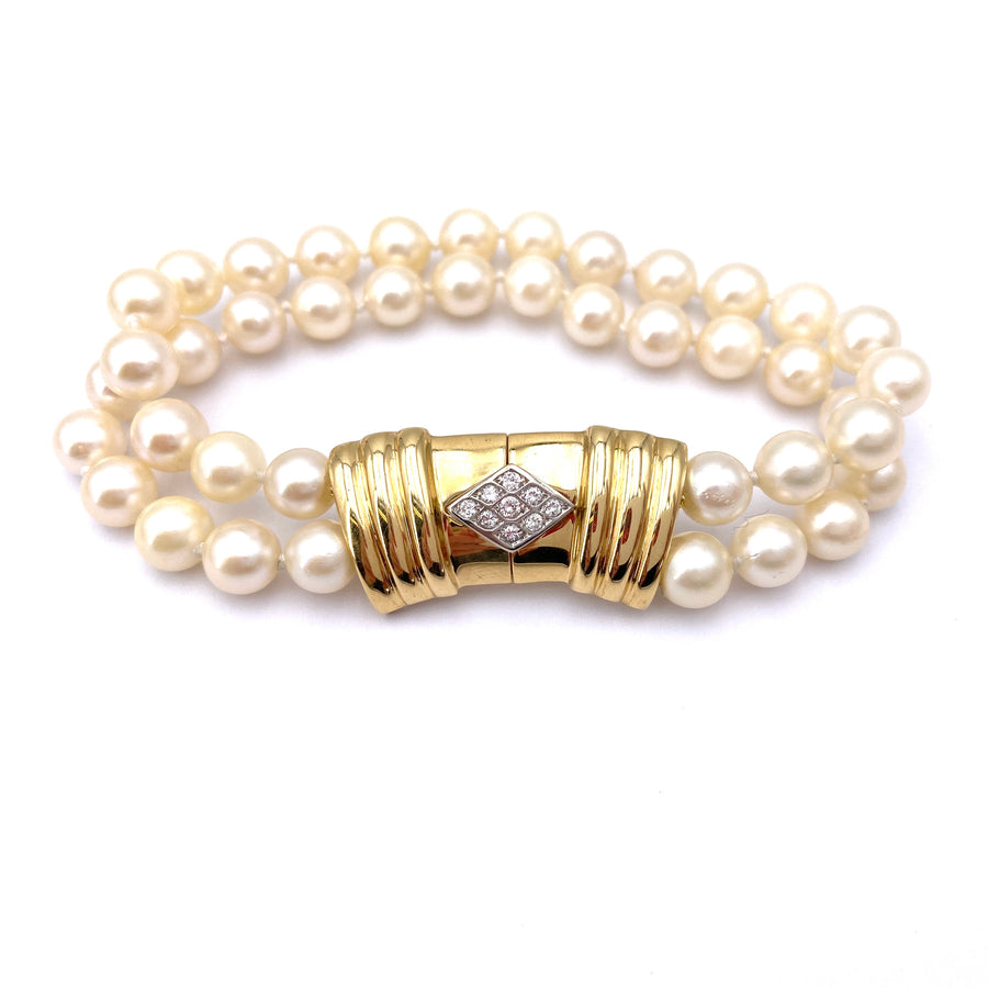 Bracciale perle doppio filo, con chiusura vintage diamanti e oro; 19 cm - 32.27 gr