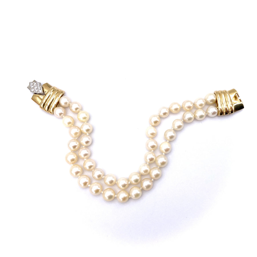 Bracciale perle doppio filo, con chiusura vintage diamanti e oro; 19 cm - 32.27 gr