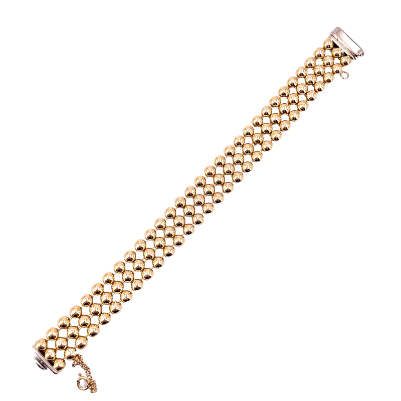 Bracciale polsino a 3 file palline oro giallo; 33 gr; 19 cm