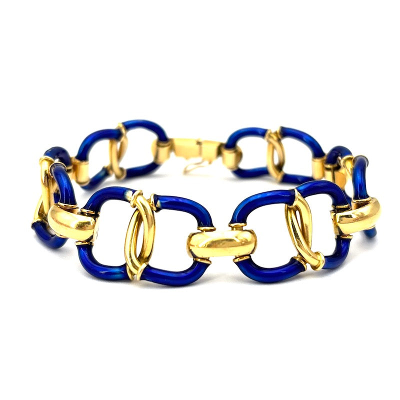 Bracciale polsino d'epoca oro giallo, smalti blu; 54.95 gr - 19 cm