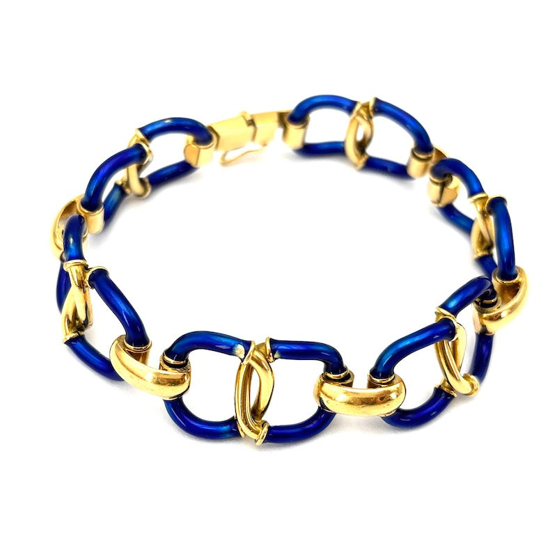 Bracciale polsino d'epoca oro giallo, smalti blu; 54.95 gr - 19 cm