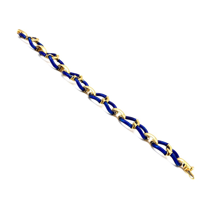 Bracciale polsino d'epoca oro giallo, smalti blu; 54.95 gr - 19 cm