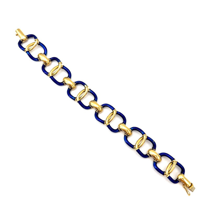 Bracciale polsino d'epoca oro giallo, smalti blu; 54.95 gr - 19 cm