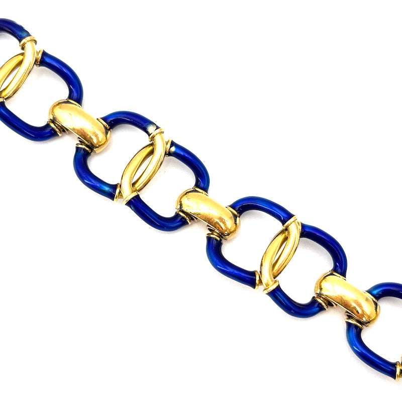Bracciale polsino d'epoca oro giallo, smalti blu; 54.95 gr - 19 cm