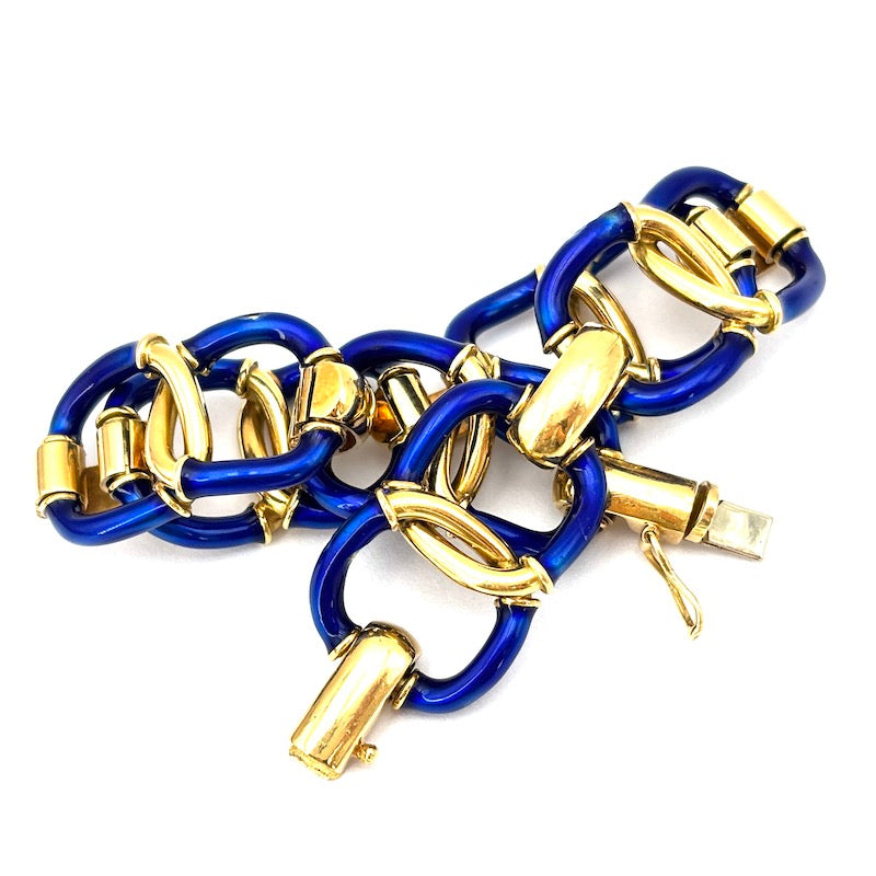 Bracciale polsino d'epoca oro giallo, smalti blu; 54.95 gr - 19 cm