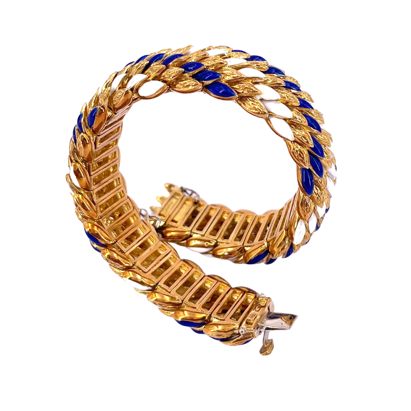 Bracciale polsino d'epoca oro giallo, squame smaltate; 102 gr