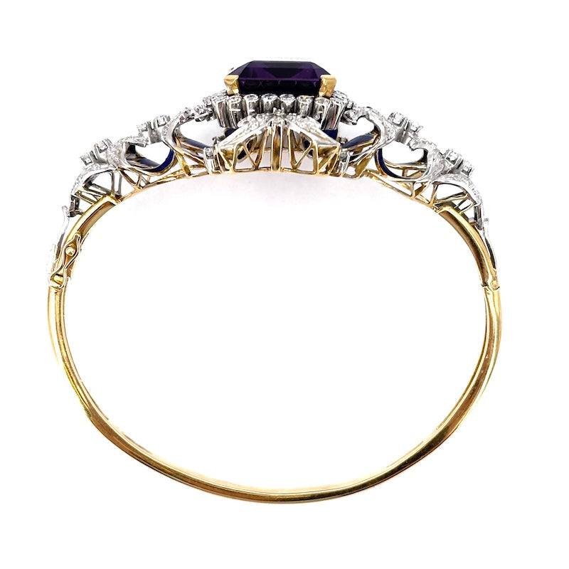 Bracciale rigido capolavoro antico, ametista, brillanti e smalti, in oro; 45.3 gr