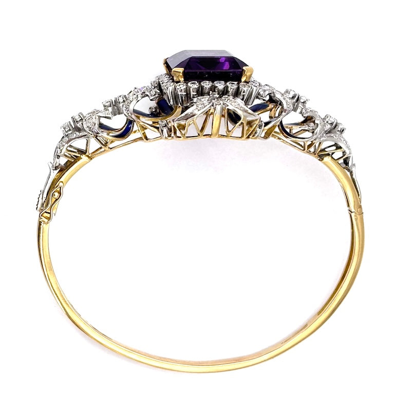 Bracciale rigido capolavoro antico, ametista, brillanti e smalti, in oro; 45.3 gr