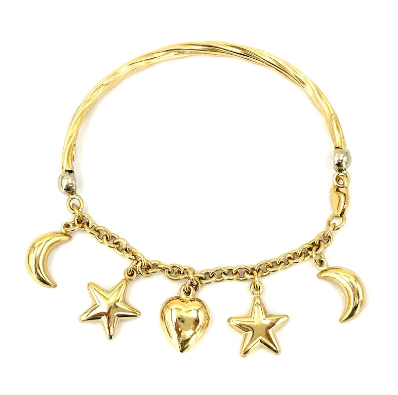 Bracciale semirigido con charms stelle, lune e cuore, oro giallo; 12.8 gr